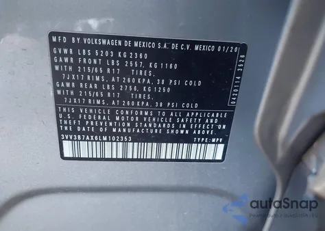 2020 Volkswagen Tiguan 2.0T Se/2.0T Se R-Line Black/2.0T Sel z USA, uszkodzony, nr VIN 3VV3B7AX6LM102353